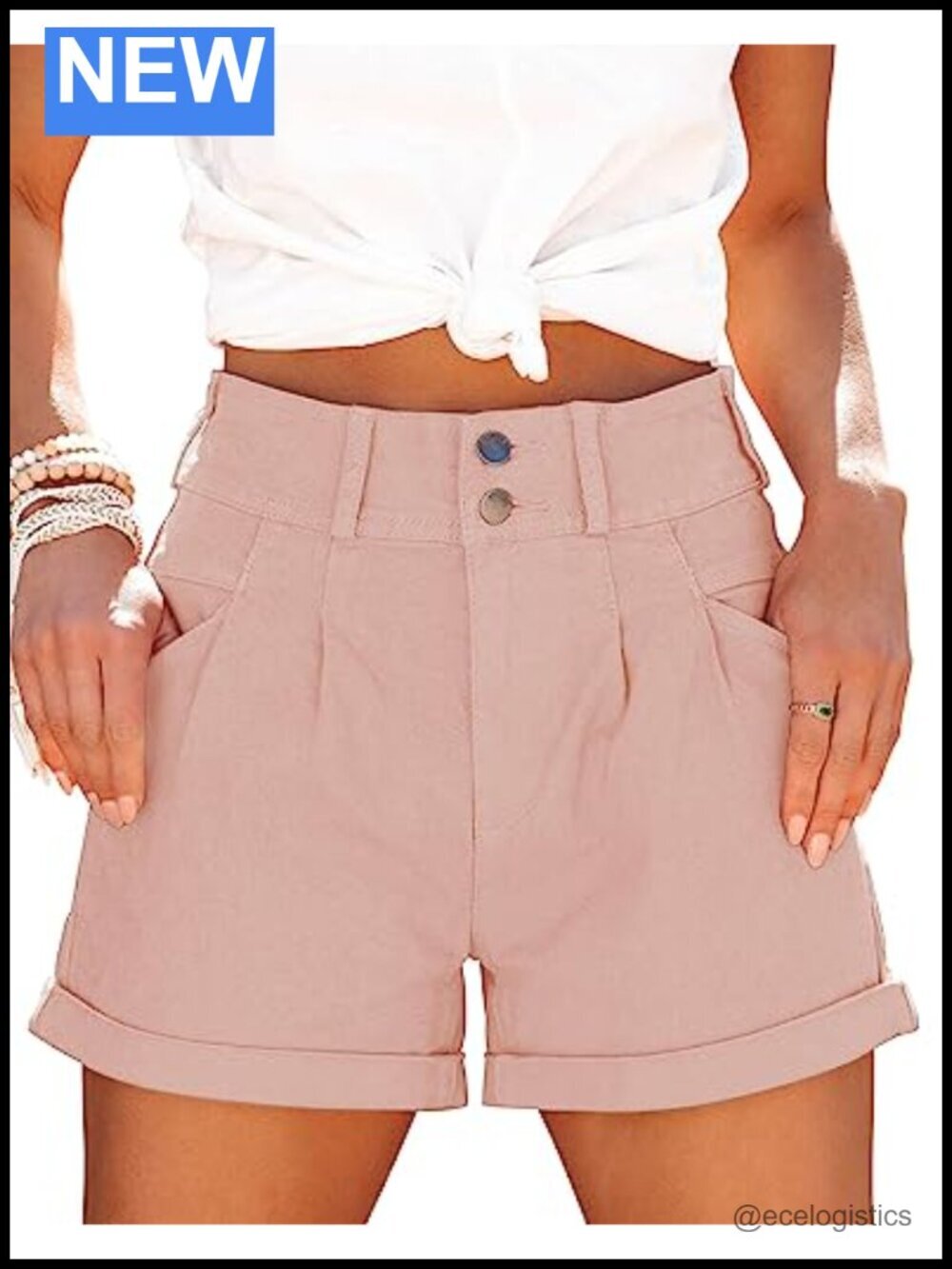 High Waist Cuffed Denim Shorts with Pockets Casual